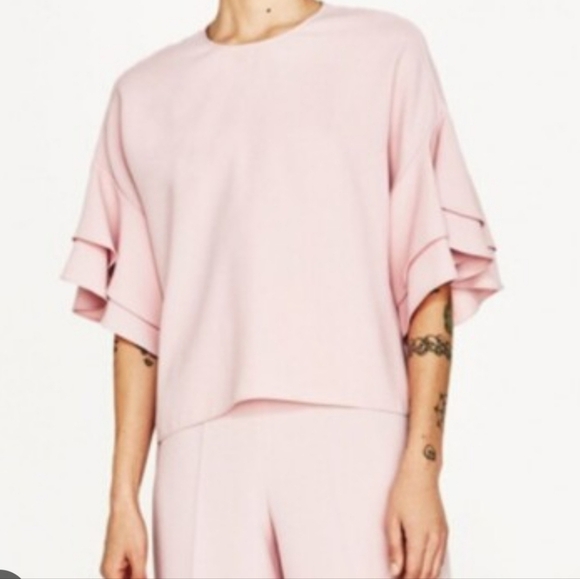 Zara Ruffle Sleeve Oversized Short Top Size Medium - Picture 5 of 6